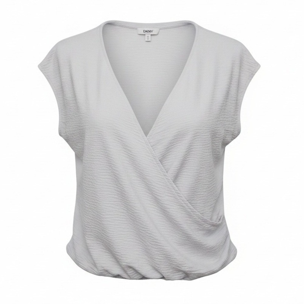 DKNY Cap Sleeve Cross Front Surplice XL Blue Gray Textured Top Blouse